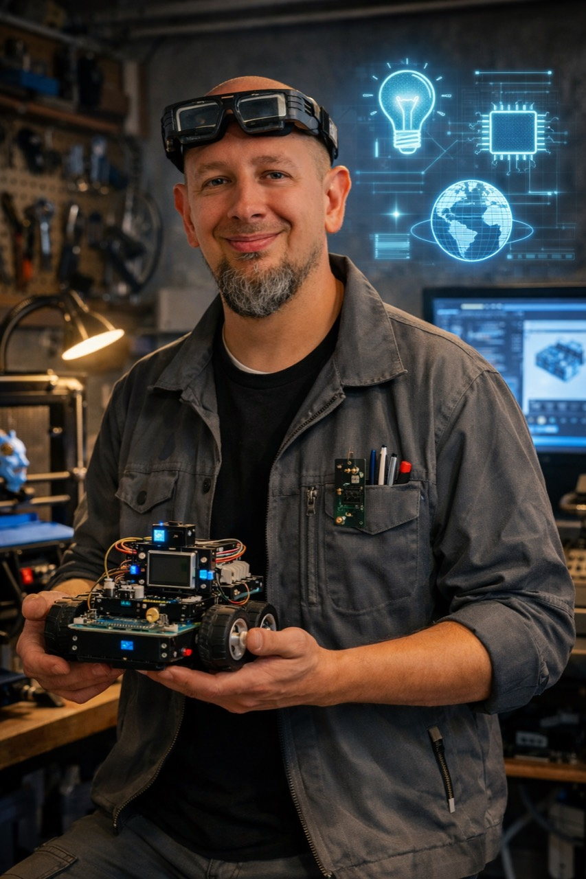 Chris in his workshop holding a small wheeled robot